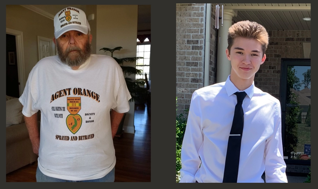 Left: A recent photo of Ken Gamble wearing the Agent Orange T-shirt and hat he designed. Right: Kendrick Tran (age 17) in May 2019 immediately before his high school graduation ceremony.