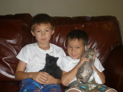 
											Kendrick and Blackie (left) with Keaton and Stormy (right) shortly after we brought the kittens home in 2009.